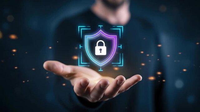 A cybersecurity data protection and privacy with digital shield, lock, and glowing hologram, secure technology, hand symbolizing security, innovation, safe internet, network encryption, virtual acc