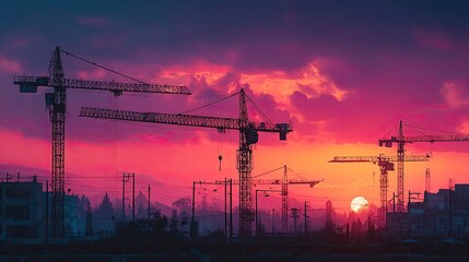 Construction cranes silhouettes against vibrant sunset