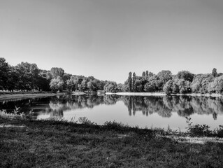 Monochrome view of a serene lake with a grassy foreground, with a shoreline of trees perfectly reflected in the calm water under a clear sky