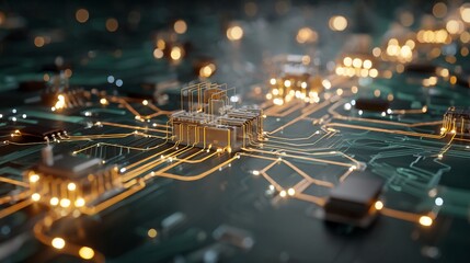 Futuristic Circuit Board with Glowing Connectors and Microchips in Dark Environment