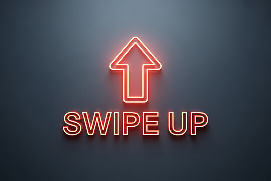 Bold neon red 'Swipe Up' text with an upward arrow symbol glowing, perfect for driving engagement and calls to action on digital platforms. - Powered by Adobe