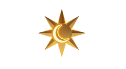 A golden sunburst design with a crescent moon in the center, radiating light.