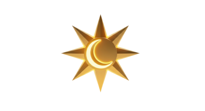 A golden sunburst design with a crescent moon in the center, radiating light.