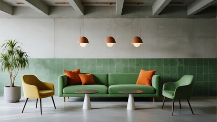 Fototapeta premium Modern living room with green sofa, yellow chairs, and tiled wall