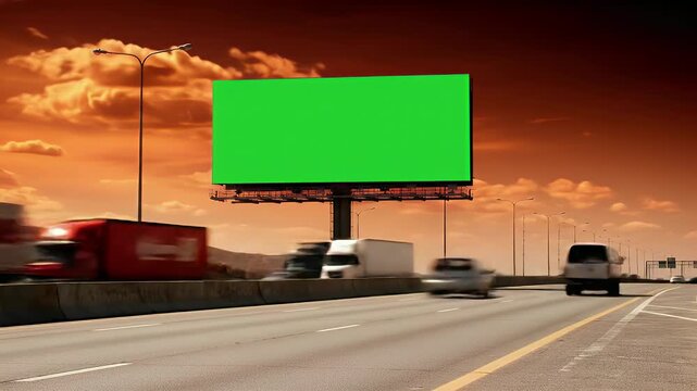 Large Green Screen Billboard by a Busy Highway at Dramatic Sunset, Motion Blurred Traffic Passing By, Ready for Custom Ad Placement