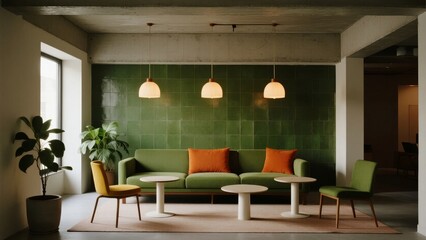 Modern Lounge with Green Tiles and Comfortable Seating