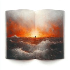 Open book displaying a vivid painting of turbulent ocean waves under an intense orange and yellow sunset with a dark silhouette of a lighthouse or tower in the distance