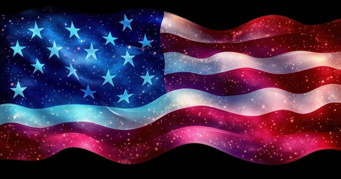 Waving American flag with a cosmic galaxy texture overlay featuring stars and colorful light effects on black background
