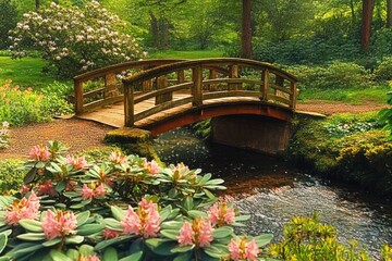Wooden arched footbridge over a gently flowing stream surrounded by lush green foliage and blooming pink flowers in a peaceful garden