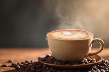 Steaming cup of latte with coffee beans