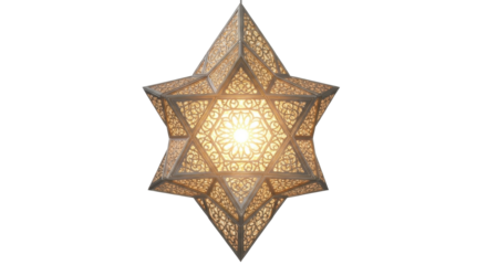 An ornate six-pointed star-shaped lantern with intricate geometric patterns, glowing against a white background.