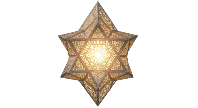 An ornate six-pointed star-shaped lantern with intricate geometric patterns, glowing against a white background.