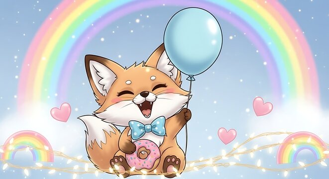 Cute Cartoon Fox with Balloon and Donut under Rainbow.