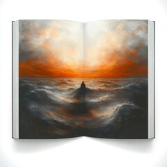 Silhouette of a person standing in turbulent ocean waves under a dramatic orange and gray sunset sky illustrated across open book pages
