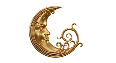 A classic golden crescent moon with a human face and ornate, swirling baroque filigree design.