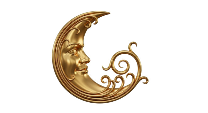 A classic golden crescent moon with a human face and ornate, swirling baroque filigree design.