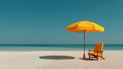 Fototapeta premium Sunny beach scene with yellow umbrella and chair