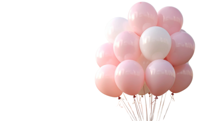 A vibrant bunch of colorful birthday balloons is floating freely against a white background