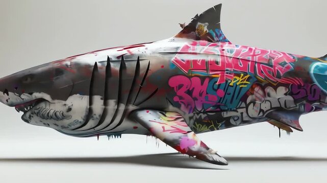 Graffiticovered shark sculpture on a white background