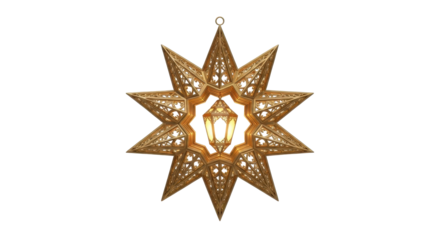 Intricate golden star-shaped lantern with a central light source, showcasing detailed cut-out patterns.
