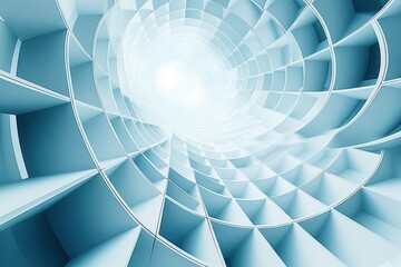 abstract geometric tunnel with blue and white spiraling grids converging into a bright light at the center, creating a sense of depth and infinity