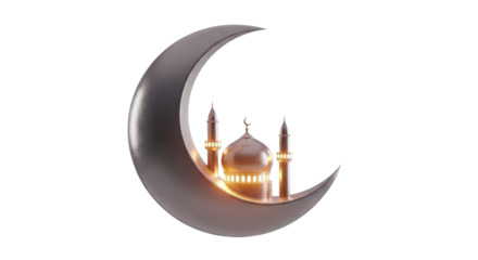 A 3D rendering of a mosque illuminated within a crescent moon, isolated on white.