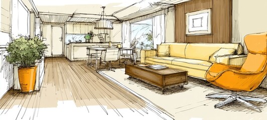 Open-concept sketch of a light-filled living area with kitchen