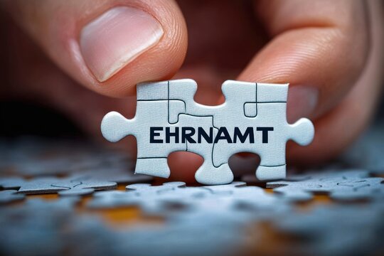 Hand holding two connected puzzle pieces with the word 'EHRNAMT' representing the concept of volunteering or honorary work