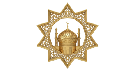 Golden mosque design with intricate star-shaped frame, isolated on white background.