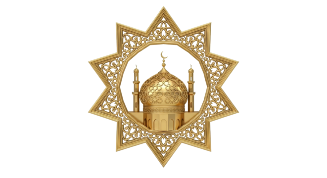 Golden mosque design with intricate star-shaped frame, isolated on white background.