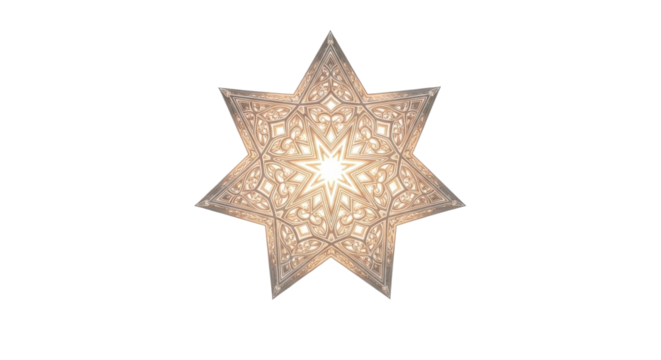 A complex, geometric, six-pointed star design with intricate, interconnected lines, centered on white background.