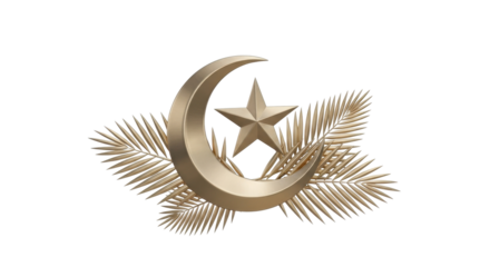 A golden crescent moon and star emblem with decorative palm fronds, isolated on white background.