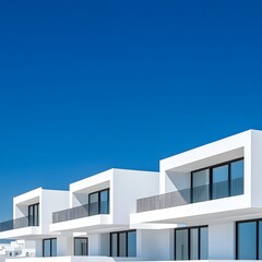 Modern minimalist white buildings under a bright blue sky
