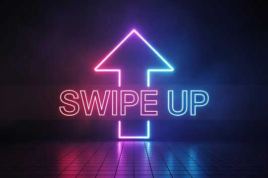 Dynamic neon sign with arrow and 'Swipe Up' text urges action, perfect for social media engagement and digital marketing campaigns creating excitement.