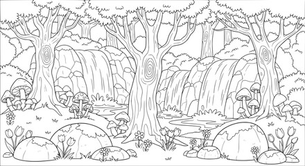 Obraz premium Forest scene with waterfalls and mushrooms with transparent background