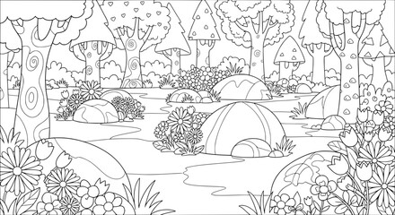 Enchanted forest with mushrooms and flowers with transparent background