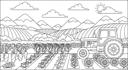 Farm landscape with tractor and vegetable fields with transparent background