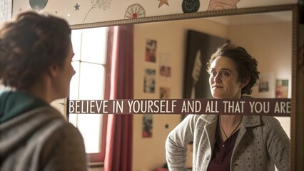 Introspective Moment of Self Belief and Reflection in Mirror.