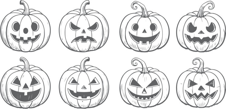Set of three carved halloween pumpkins with jack-o'-lantern faces in full color, black silhouette, and line drawing style eps vector file.