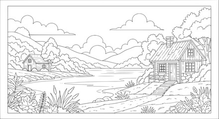 Obraz premium Scenic landscape of lakeside cabins with transparent background