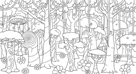 Obraz premium Seamless pattern of forest trees and mushrooms with transparent background