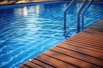Fototapeta premium Close-up view of a clear blue swimming pool with metal handrails and wooden deck under warm sunlight creating reflections on water surface