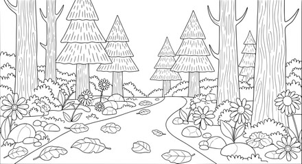 Obraz premium Forest pathway with trees and flowers on transparent background