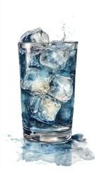 A refreshing glass filled with ice cubes and a blue liquid, surrounded by splashes of water, showcasing a cool, inviting beverage.