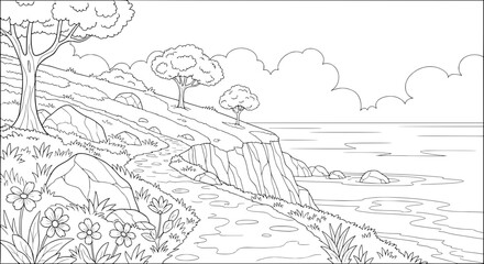 Obraz premium Seaside landscape with trees and rocky cliff with transparent background