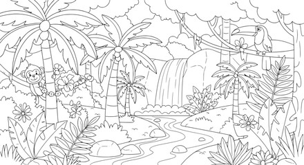 Obraz premium Tropical jungle scene with waterfall and wildlife with transparent background