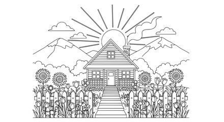 Obraz premium Mountain cabin surrounded by flowers with transparent background