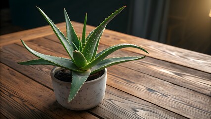 A potted aloe vera plant sits on a rustic wooden table with soft lighting glow