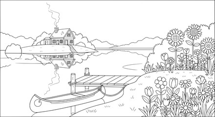 Obraz premium Lakeside cabin with flowers and dock with transparent background