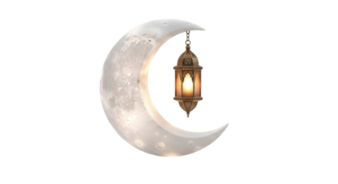 An ornate, glowing Arabic lantern hanging from a realistic, textured crescent moon on a white background.